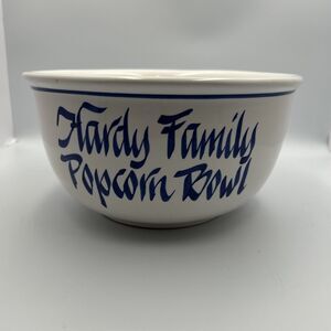Vintage USA Pottery Family Popcorn Bowl Blue White Ceramic Large 10" Movie Night